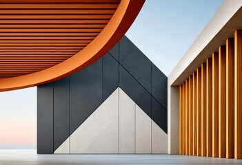Obraz premium Abstract modern architecture with geometric panels, orange canopy and wooden vertical slats in minimal composition