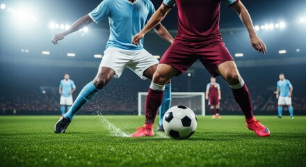 Naklejka premium Action Close-up of Professional Soccer Players Competing for the Ball on a Green Field in a Stadium at Night