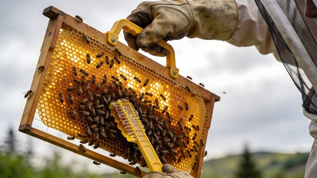 Beekeeper Holding Honeycomb Frame Full of Bees Outdoors.