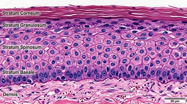 Microscopic cross section showing stratified squamous epithelium layers of human skin tissue sample