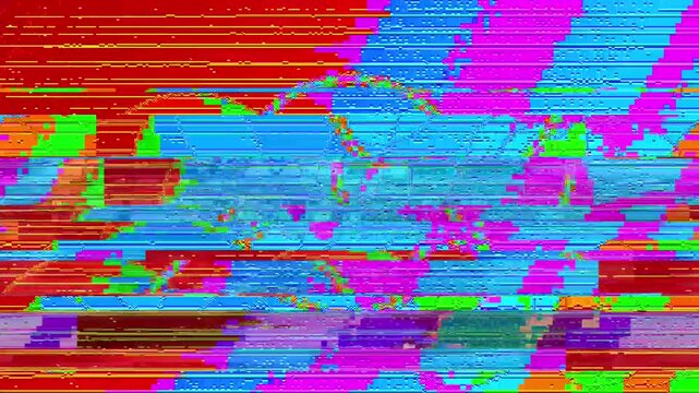 Digital screen glitching across triptych panels with horizontal pixel shift, front view, rgb color split, pixelated