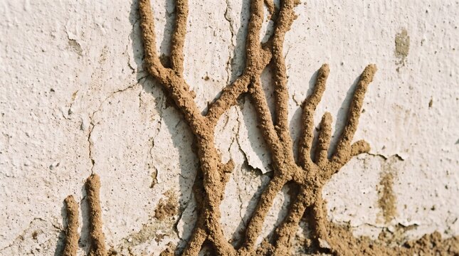 Close-up of a termite mud tube structure on a textured wall.