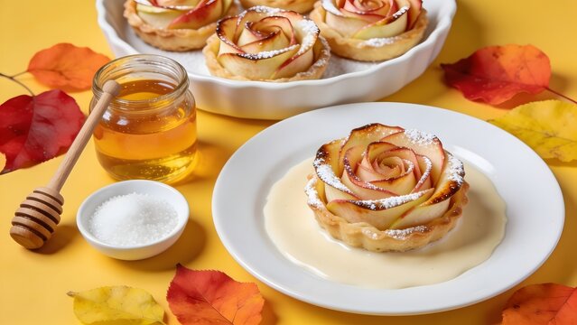 Delicious Apple Rose Pastries with Honey and Cream Sauce.