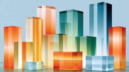 Fototapeta premium Colorful abstract glass cityscape with geometric crystal blocks and reflective towers
