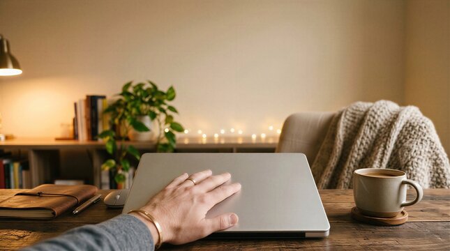 Hand shutting unbranded silver laptop lid in cozy home office