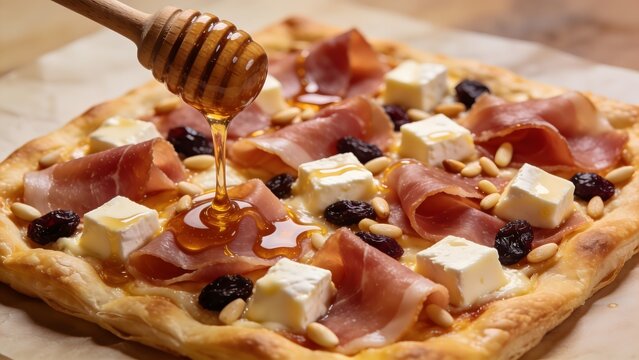 Gourmet Honey Drizzle on Savory Tart with Cheese and Ham.