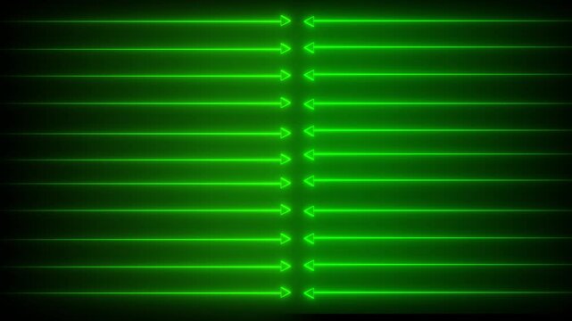 Glowing green neon arrows animation pointing to center on black background for directional indicator cyber UI design and tech background loop