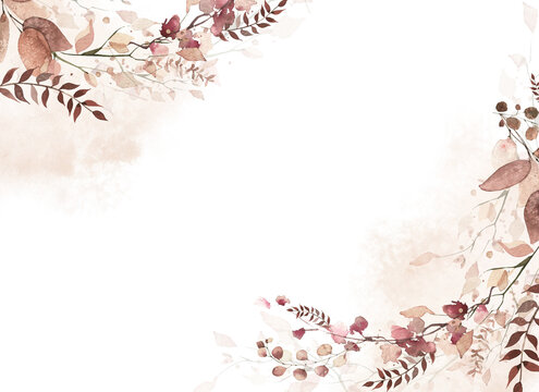 Watercolor floral and fall foliage round frame template. Red, burgundy, brown, beige and pink autumn wild flowers, eucalyptus branches, leaves and twigs. Fall nature hand drawn design clipart.