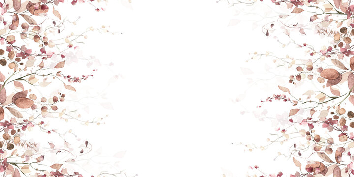 Watercolor painted foliage floral seamless border. Orange and pink autumn wild flowers, branches, leaves and twigs. Fall nature hand drawn design clipart.