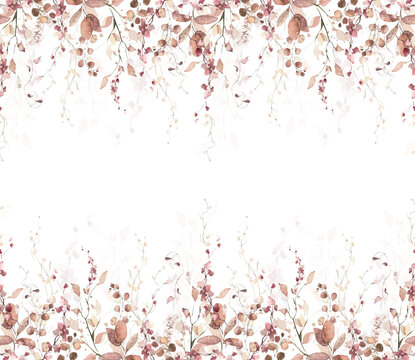 Watercolor painted foliage floral seamless border. Orange and pink autumn wild flowers, branches, leaves and twigs. Fall nature hand drawn design clipart.