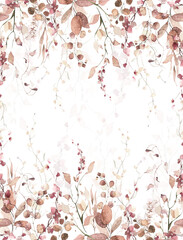 Fototapeta premium Watercolor painted foliage floral seamless border. Orange and pink autumn wild flowers, branches, leaves and twigs. Fall nature hand drawn design clipart.