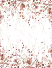 Watercolor painted foliage floral seamless border. Orange and pink autumn wild flowers, branches, leaves and twigs. Fall nature hand drawn design clipart. © satika