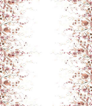 Watercolor painted foliage floral seamless border. Orange and pink autumn wild flowers, branches, leaves and twigs. Fall nature hand drawn design clipart.
