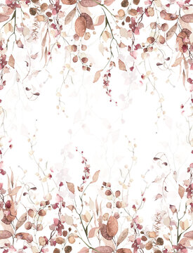 Watercolor painted foliage floral seamless border. Orange and pink autumn wild flowers, branches, leaves and twigs. Fall nature hand drawn design clipart.