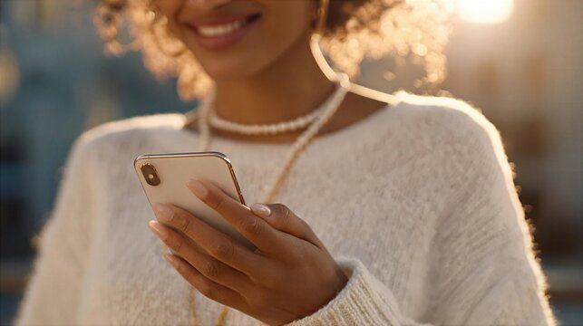 Woman holding a smartphone while smiling outside in the evening sunlight
