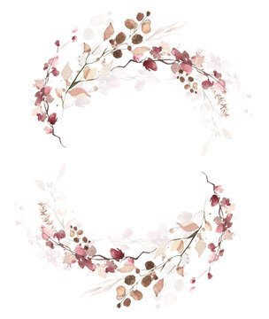 Watercolor floral and fall foliage round frame. Red, burgundy, brown, beige and pink autumn wild flowers, eucalyptus branches, leaves and twigs. Fall nature hand drawn design clipart.