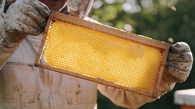 Beekeeper Holds Honeycomb Frame Full of Golden Honey.