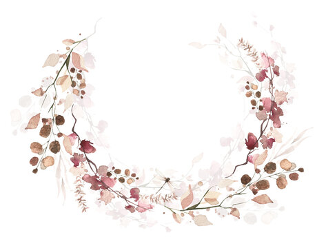 Watercolor floral and fall foliage semicircle frame. Red, burgundy, brown, beige and pink autumn wild flowers, eucalyptus branches, leaves and twigs. Fall nature hand drawn design clipart.