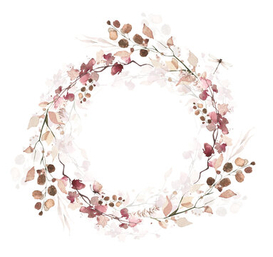 Watercolor floral and fall foliage round frame. Red, burgundy, brown, beige and pink autumn wild flowers, eucalyptus branches, leaves and twigs. Fall nature hand drawn design clipart.