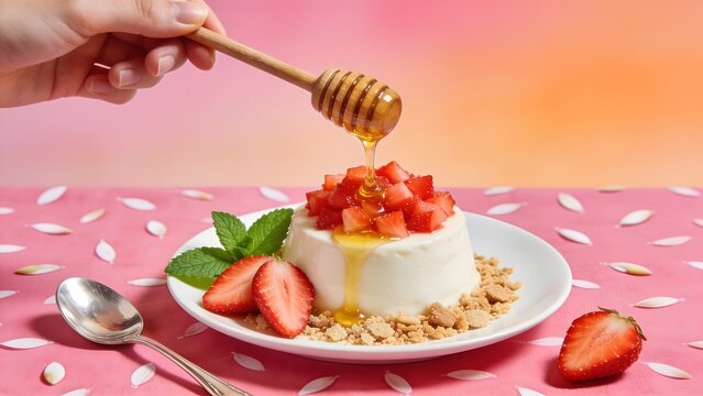 Delicious dessert with fresh strawberries and honey being drizzled on top.