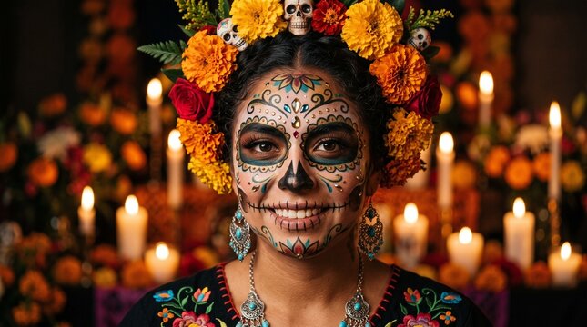 Close-up portrait of a woman with ornate Catrina skull face paint and marigold floral crown celebrating Day of the Dead against a candlelit altar