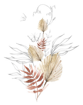 Watercolor floral arrangement. Beige, red autumn and exotic palm branch, leaves and twigs and dark gray sketch drawing lines