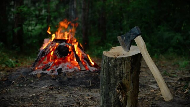 Cinematic B-Roll of Wood Splitting Axe in Log Foreground with Burning Campfire in Background, Crackling Sound, Bushcraft Camping Site, Survival Gear Video Footage. 