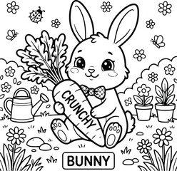 Cute cartoon bunny holding a crunchy carrot in a beautiful garden setting for children coloring book page activity illustration