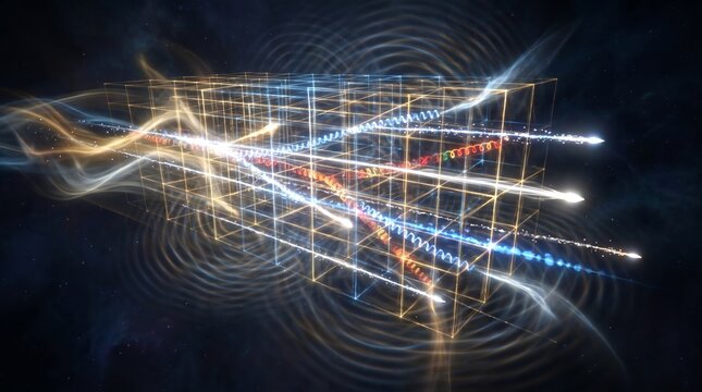 bosons moving in the quantum field and the geometry of space-time. Photon fluxes, W- and Z-bosons, and gluon interactions illustrate the fundamental forces of nature.