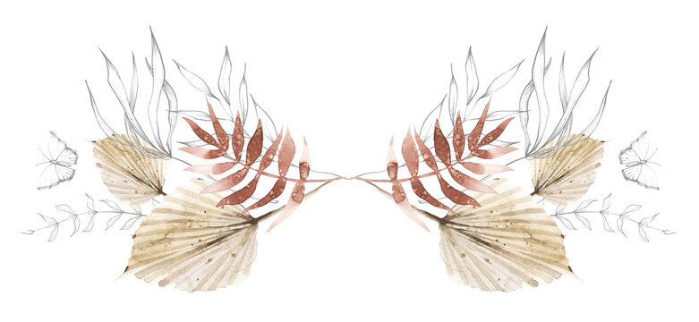Watercolor floral and dry foliage symmetrical arrangement. Beige, red autumn exotic palm branch, leaves and twigs. Vintage dark gray sketch butterfly, plants drawing line clipart.