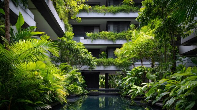 Lush tropical courtyard with reflective pool. Artificial intelligence image