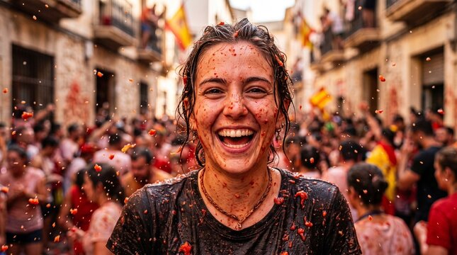 Happy smiling young woman covered in crushed tomatoes during the vibrant La Tomatina festival crowd in Spain. Joyful Spanish street festival portrait