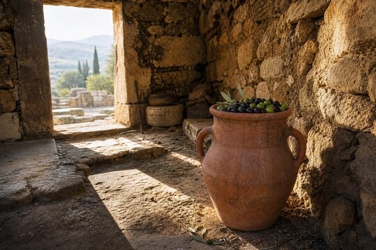 Ancient Greek granary ruin with terracotta amphora filled with olives in morning light.