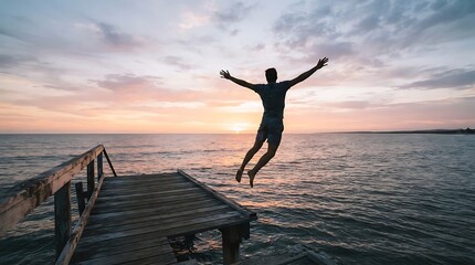 Fototapeta premium Man leaping joyfully over wooden dock at sunset. Dynamic action shot of freedom and exhilaration by the ocean.