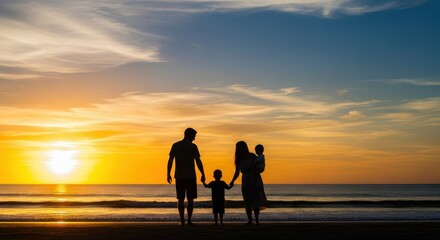 Fototapeta premium Happy Family Silhouette Walking on Beach at Sunset, Parents and Children Bonding by the Ocean