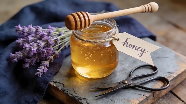 Jar of golden honey with lavender and honey dipper on rustic wooden background.