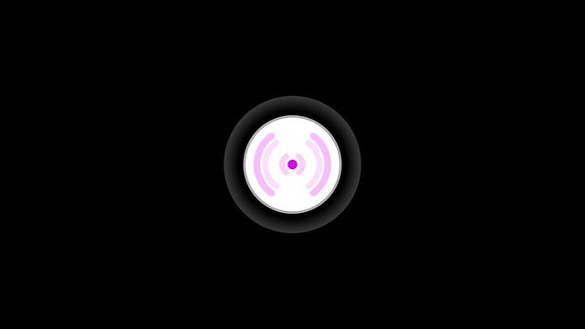 Animated purple signal icon inside circle button with pulsing wave on black background for radio Wi-Fi podcast voice assistant and streaming