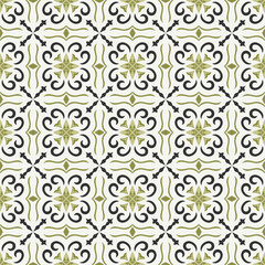 Fototapeta premium Seamless elegant ornamental scroll pattern with cross grid motifs. Traditional classic damask vector background for commercial luxury textile fashion apparel print and wall decor