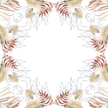 Watercolor floral and dry foliage symmetrical frame. Beige, red autumn exotic palm branch, leaves and twigs. Vintage dark gray sketch butterfly, plants drawing line clipart.