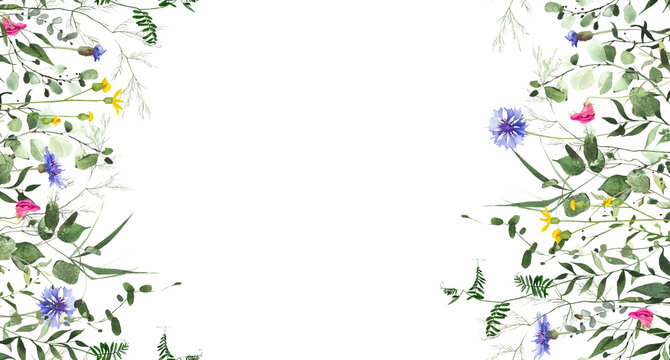 Watercolor painted floral and greenery seamless border frame. Blue cornflower, yellow and pink wild flowers, green plants, branches, leaves and twigs. Summer reach nature design template.