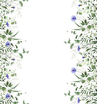 Watercolor painted floral and greenery seamless border frame. Blue wild cornflower, green plants, branches, leaves and twigs. Summer reach nature design template.