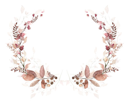 Watercolor floral and fall foliage round symmetrical frame. Red, burgundy, brown, beige and pink autumn wild flowers, eucalyptus branches, leaves and twigs. Fall nature hand drawn design clipart.