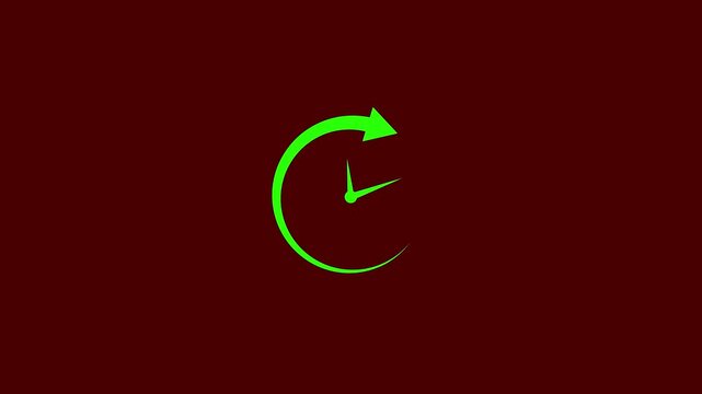 green Animated clock arrow icon spinning counterclockwise on dark red background for history reload back in time backup and time management