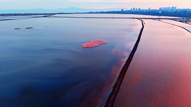 Aerial view of salt pans with distant flamingo cluster, Bulgaria. Pink evening sky reflects on geometric water channels near a city.