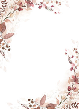 Watercolor floral and fall foliage round frame. Red, burgundy, brown, beige and pink autumn wild flowers, eucalyptus branches, leaves and twigs. Fall nature hand drawn design clipart.