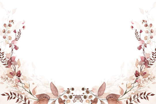 Watercolor floral and fall foliage round symmetrical frame. Red, burgundy, brown, beige and pink autumn wild flowers, eucalyptus branches, leaves and twigs. Fall nature hand drawn design clipart.