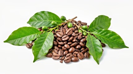 Obraz premium Fresh Coffee Beans With Green Leaves and Unripe Berries on a White Background