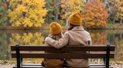 Fototapeta premium Mother and child sit on a bench by the lake during autumn in a park