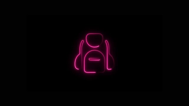 Glowing red neon backpack icon animation on black background, Neon outline rucksack school bag line art motion graphics