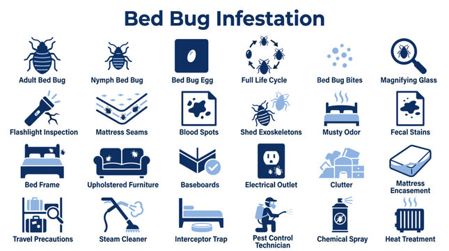 Bed bug infestation symptoms and pest control methods infographic set with icons